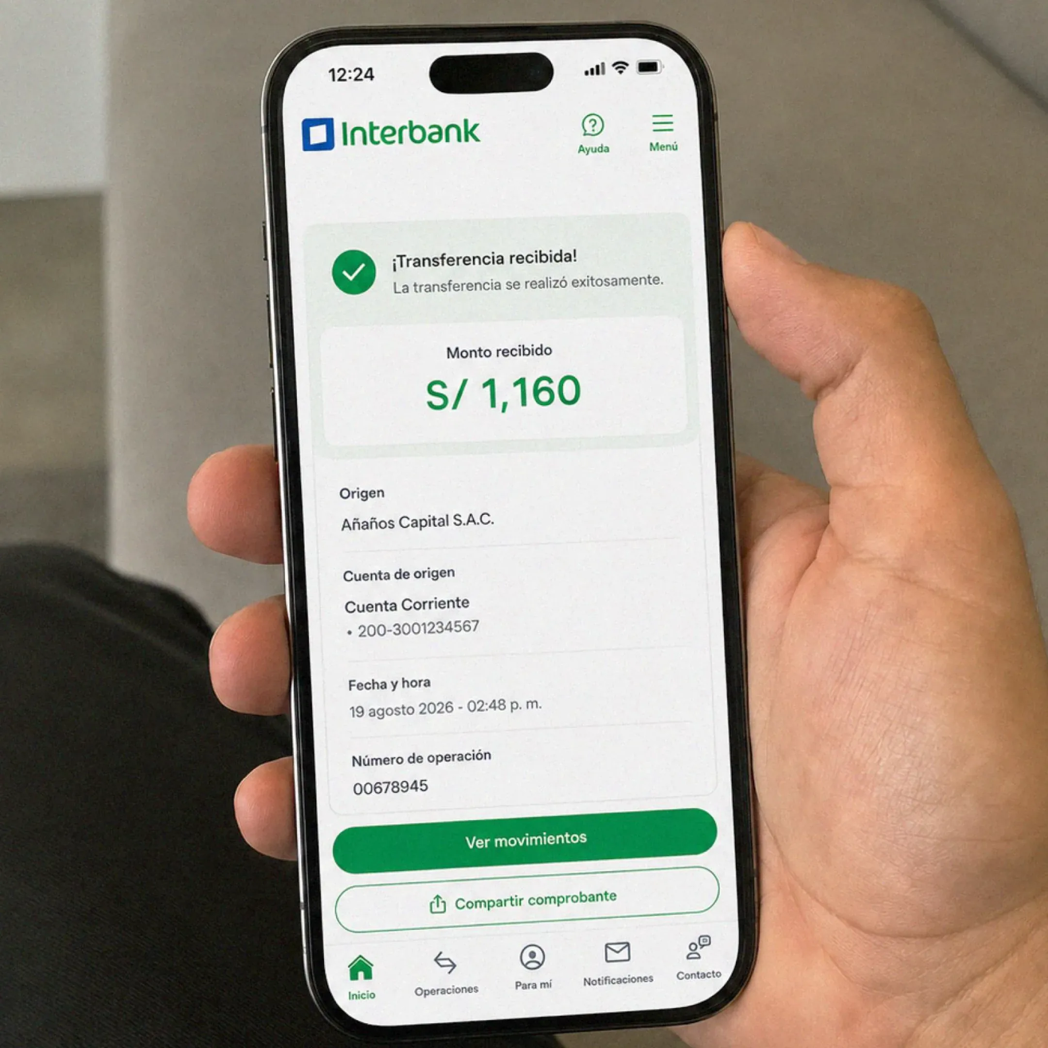 Comprobante Interbank — transferencia recibida de Bergmann Core
